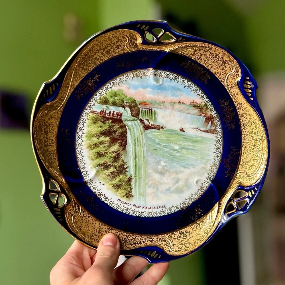 VTG Still Life Niagara Falls Golden Navy Porcelain Nature Plate Decor Art - Picture 6 of 6